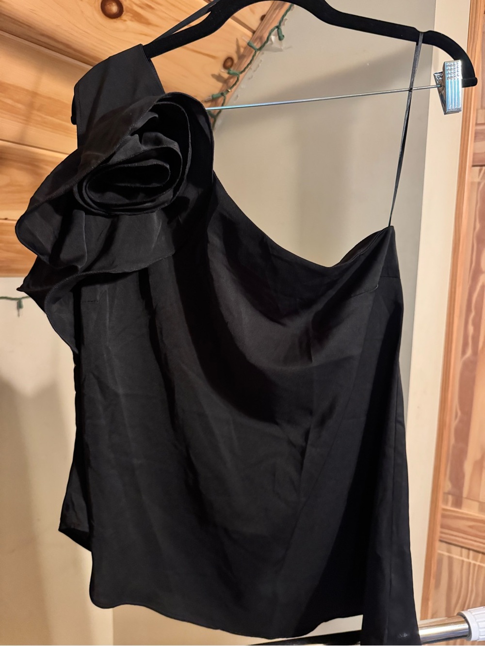 Elegant Black One-Shoulder Rosette Top